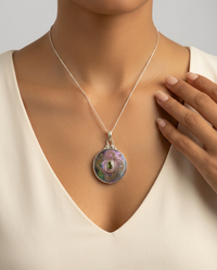 Victorian Carved Shell Pearl Button Tourmaline Center Center set in Sterling silver w/ Sterling Satellite Necklace — worn on model