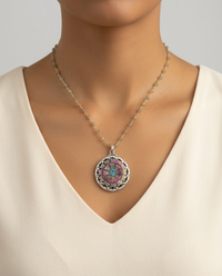 Victorian Carved Shell Pearl Button w/ Saphiret 24K & Glass Center set in Sterling silver w/ Labradorite Necklace — worn on model