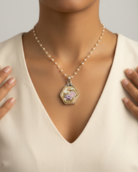 Hand Painted  Hexagon Satsuma Button W/ Gold Painted Accent set in Sterling silver Pearl Facet Necklace — worn on model