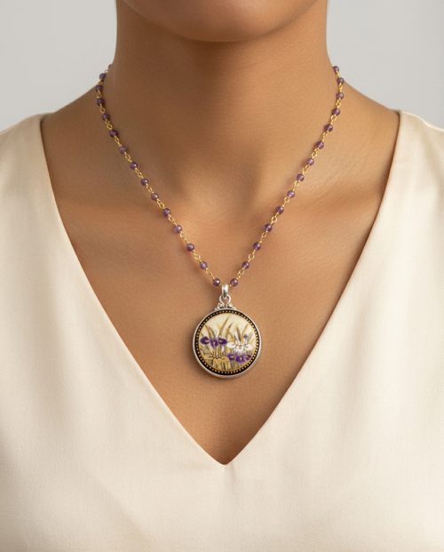 Hand Painted Satsuma Button W/ Gold Painted Accent set in Sterling silver Amethyst Facet Necklace — worn on model
