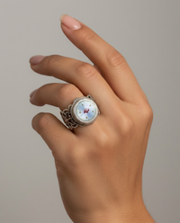 Victorian Hand Painted Floral Enamel Button set in Filigree Sterling Silver Ring Size 8-1/4 — worn on model