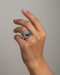 Victorian Hand Painted Floral Enamel Button set in Filigree Sterling Silver Ring Size 8-1/4 — worn on model