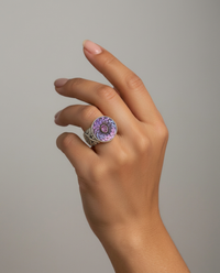 Victorian Carved Tinted Shell Button w/ Tourmaline Facet Center set in Sterling Silver Ring Size 7 — worn on model