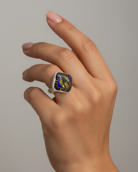 Victorian Hand Painted Thistle Enamel on Shell Button set in  Sterling Silver Ring Size 7 — worn on model