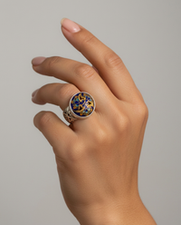 Victorian Hand Painted Enamel  Button set in Sterling Silver Ring Size 7 -1/4 — worn on model