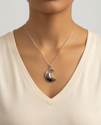 Victorian Shell Pearl Moon  Button  Set in Sterling Silver w/ Sterling silver Satellite Chain — worn on model