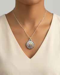 Victorian Carved Shell Pearl  Button w/ Iolite Center Set in Sterling Silver w/ Sterling silver Satellite Chain — worn on model