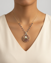 Victorian Carved Shell Pearl  Button w/ Peridot Center Set in Sterling Silver w/ Quartz Rosary — worn on model