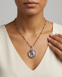Victorian Carved Shell Pearl Button w/ Amethyst Center Set in Sterling Silver w/ Garnet Rosary — worn on model
