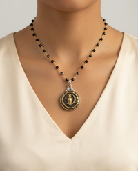 Victorian Picture Image Owl & Moon Button set in Sterling Silver w/ Facet Black Spinnel Rosary — worn on model