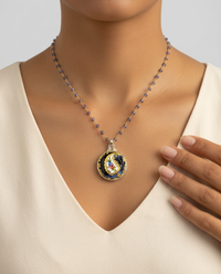 Victorian Hand Painted Enamel Button Set in Sterling Silver With Iolite Facet Rosary — worn on model