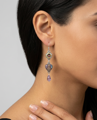 Victorian Carved Metal Button & Peacock Czech Glass set in Sterling Silver with Ethiopian Opal Stone Accent — worn on model