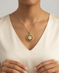 Victorian Hand Painted Enamel Button Set in Sterling Silver With Facet Pink Quartz — worn on model