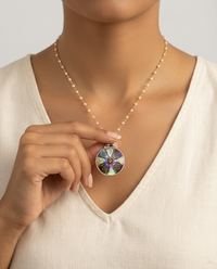 Victorian Carved Shell Pearl Button w/ Peridot Center Set in Sterling Silver w/ Pearl Rosary — worn on model