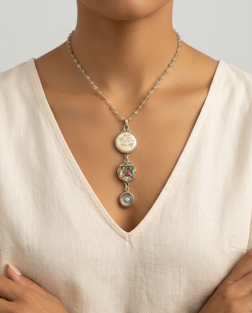 Victorian  Button Ornate metal, Carved Shell & Czech Glass Button Pendant w/ Labradorite facet Stone Rosary — worn on model