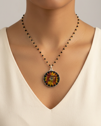Victorian Large Lacy Czech Glass Button Set in Sterling Silver With Facet Spinnel Chain — worn on model