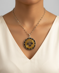Victorian Large Lacy Czech Glass Button Set in Sterling Silver With Facet Labradorite Chain — worn on model