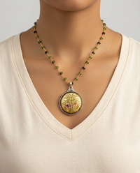Victorian Hand Painted Porcelain Satsuma Button w/ 24K Paint Set in Sterling Silver With Tourmaline Rosary — worn on model