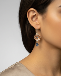 Victorian Carved Shell Button  Earrings w/ Kyanite Accent set in Sterling Silver — worn on model