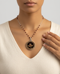 Victorian Velvet Perfume Button set in Sterling Silver w/ Facet Garnet Rosary — worn on model