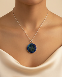 Victorian Czech Luster Glass Button Set in Sterling Silver With Sterling Silver Chain — worn on model