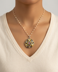 Victorian Hand Painted Enamel Button Set in Sterling Silver With Pearl Rosary Chain — worn on model