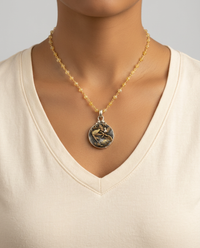 Victorian Picture Metal Birds Button w/ Quartz Facet Stone Rosary — worn on model