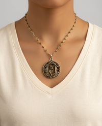 Victorian Picture Metal Dog In The Doghouse w/ Pyrrite Facet Stone Rosary — worn on model