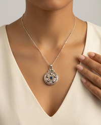Victorian Carved Shell Pearl Button w/ Steel Facet Design Set in Sterling Silver With  Satellite Sterling Chain — worn on model