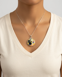 Victorian Hand Painted Enamel Button Set in Sterling Silver With Sterling Silver Box Chain — worn on model