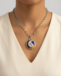 Victorian Hand Painted Enamel Button Set in Sterling Silver With Kyanite Facet Stone Rosary Accent — worn on model