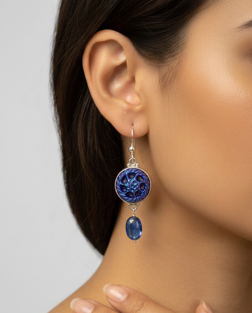 Luster Glass Button Earrings w/ Kyanite Stone Accent set in Sterling Silver — worn on model