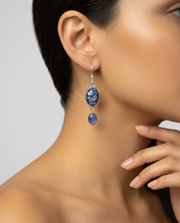 Leo Popper Glass Button Earrings w/ Kyanite Stone Accent set in Sterling Silver — worn on model