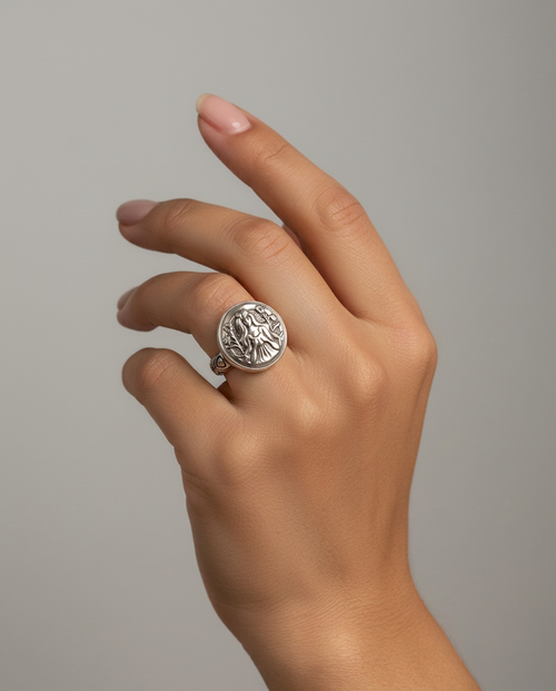 Antique Button Woman Image set in  Sterling Silver  Ring Size 7-1/2 — worn on model