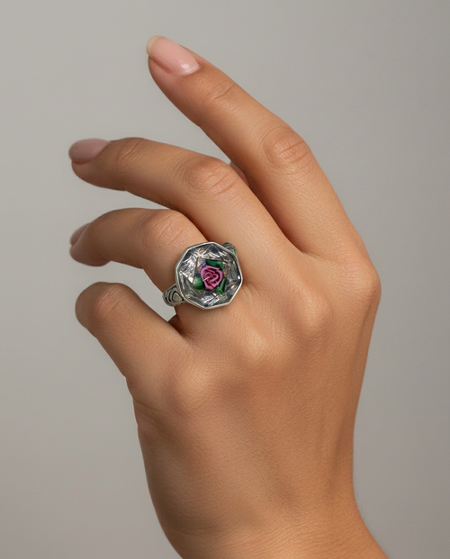 Antique Button Czech Rose Center  Glass set in  Sterling Silver  Ring Size 7 — worn on model