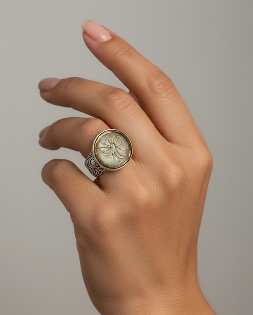 Antique Button Czech Glass Dragonfly in Metal  set in  Filigree Sterling Silver  Ring Size 6-1/2 — worn on model