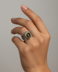 Antique Button Hand Painted Enamel set in Filigree Sterling Silver  Ring Size 8-1/2 — worn on model