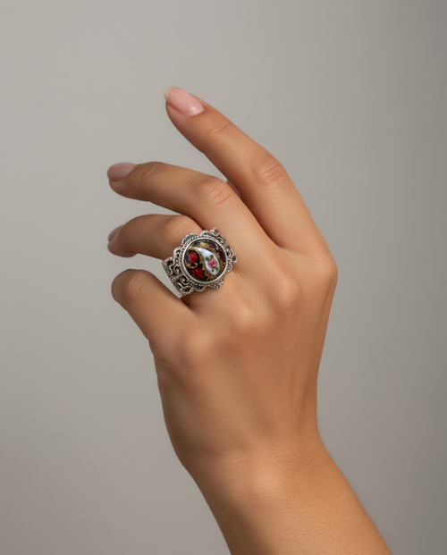 Antique Button Hand Painted Enamel set in Filigree Sterling Silver  Ring Size 7 — worn on model