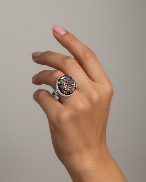Antique Button Hand Painted Enamel set in Sterling Silver  Ring Size 7.25 — worn on model