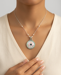 Victorian Carved Pearl Button with Tourmaline facet center  Design Pendant 7/8" diameter set in Sterling Silver w/ Pearl Rosary — worn on model