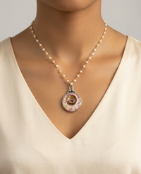 Victorian Carved Pearl Button with Tourmaline facet center Pendant 7/8" diameter set in Sterling Silver w/ Pearl Rosary — worn on model
