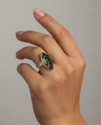 Victorian Antique Button Leo Popper Glass set in Sterling Silver Ring Size 6 — worn on model