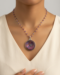 Victorian Carved Shell Pearl Button w/ Tourmaline Center set in Sterling silver w/ Facet Amethyst Rosary  Necklace — worn on model