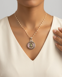 Victorian Carved Shell Button w/ Tourmaline Stone Center set in Sterling Silver w/ Stone Rosary Accent — worn on model