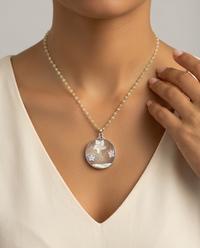 Victorian Carved Shell & Pearl Floral Button Set in Sterling Silver w/ Ethiopian Opal Stone Necklace — worn on model