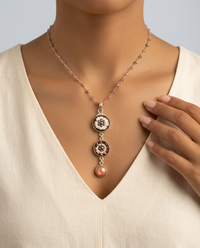 Victorian Three Button Drop Carved Tinted Shell and Pearl w/ Steel Facet Accent set in Sterling Silver w/ Stone Rosary Accent — worn on model