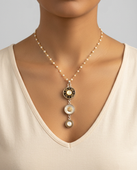 Victorian Three Button Drop Carved Tinted Shell and Pearl w/ Brass set in Sterling Silver w/ Stone Rosary Accent — worn on model