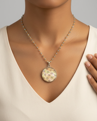 Shell set Metal with Glass overlay Button set in Sterling silver w/ Labradorite Necklace — worn on model