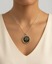 Victorian Steel Facet Rim Hand Painted Floral Enamel Button set in Sterling silver w/ Sterling Silver Necklace — worn on model