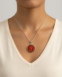 Victorian Red Lacy Button set in Sterling silver w/ Sterling Silver Necklace — worn on model